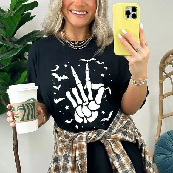 Black Halloween Bat & Skeleton Hand Graphic Tee - Picture 3 of 12